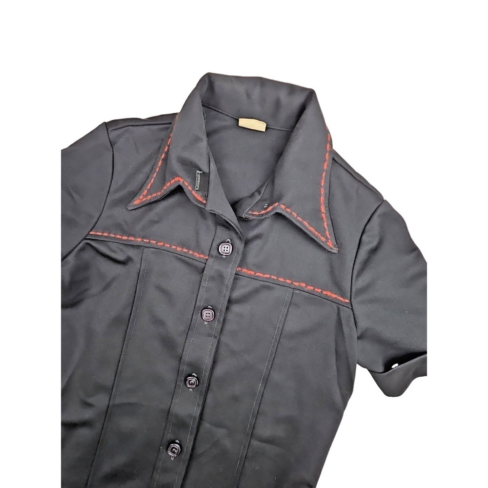 Vtg 70s Black Orange Stitching Fly Collar Blouse Top Square Buttons JCP M